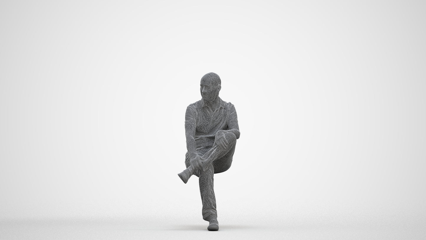 3D scanned senior man sitting casual, photorealistic archviz people for Enscape and SketchUp, three-quarter front view render