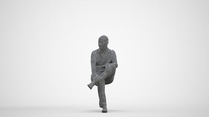 3D scanned senior man sitting casual, photorealistic archviz people for Enscape and SketchUp, three-quarter front view render