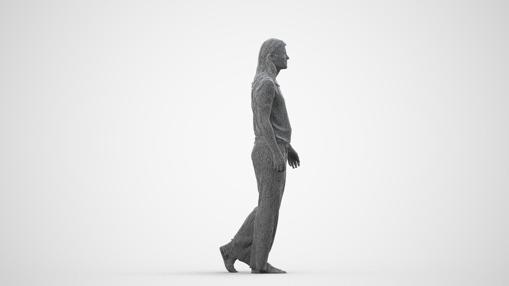 3D scanned woman walking casual, photorealistic archviz people for Enscape and SketchUp, wireframe side view