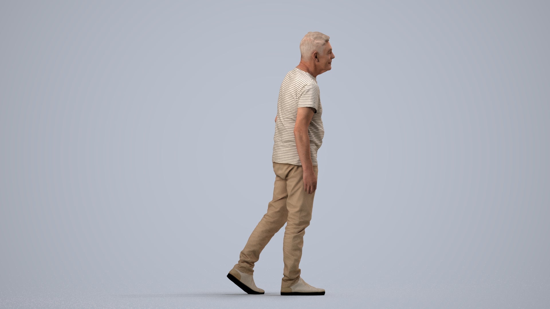 realistic 3D senior man casual walking, scanned archviz people for Blender and 3ds Max, side view render