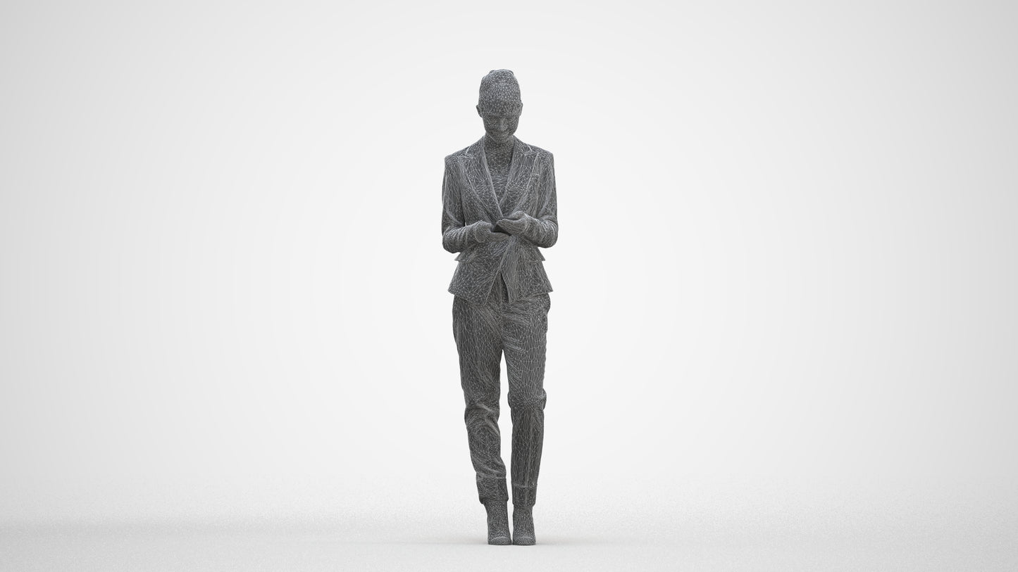 3D human model woman business standing, photogrammetry scanned person for archviz, three-quarter front view render