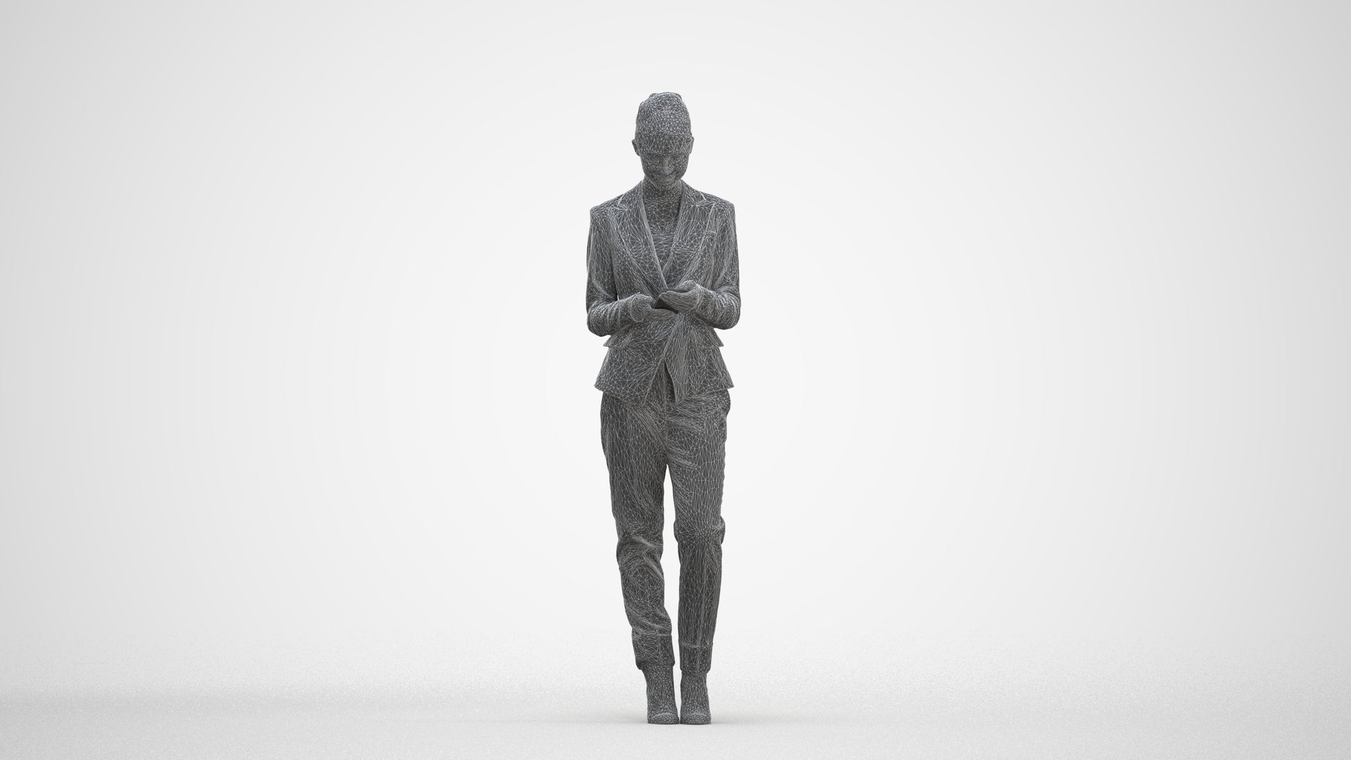 3D human model woman business standing, photogrammetry scanned person for archviz, three-quarter front view render