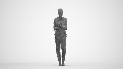 3D human model woman business standing, photogrammetry scanned person for archviz, three-quarter front view render