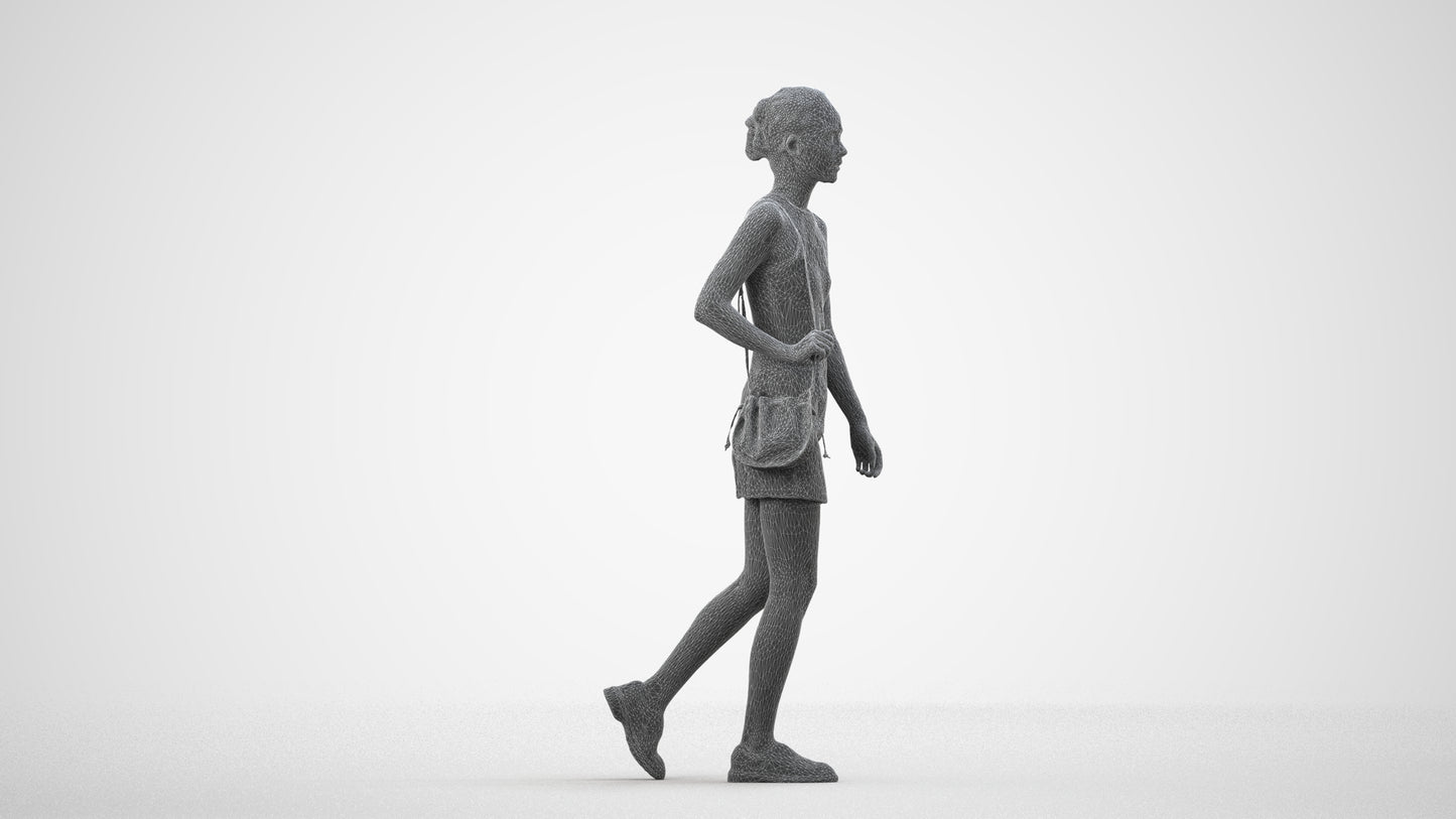 scanned 3D woman casual walking, photogrammetry people for Enscape and V-Ray, wireframe side view