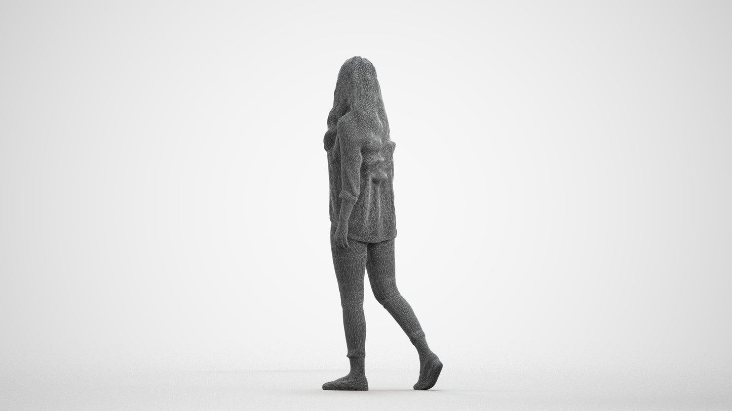 realistic 3D human woman casual walking, archviz people FBX OBJ for Blender, wireframe front view