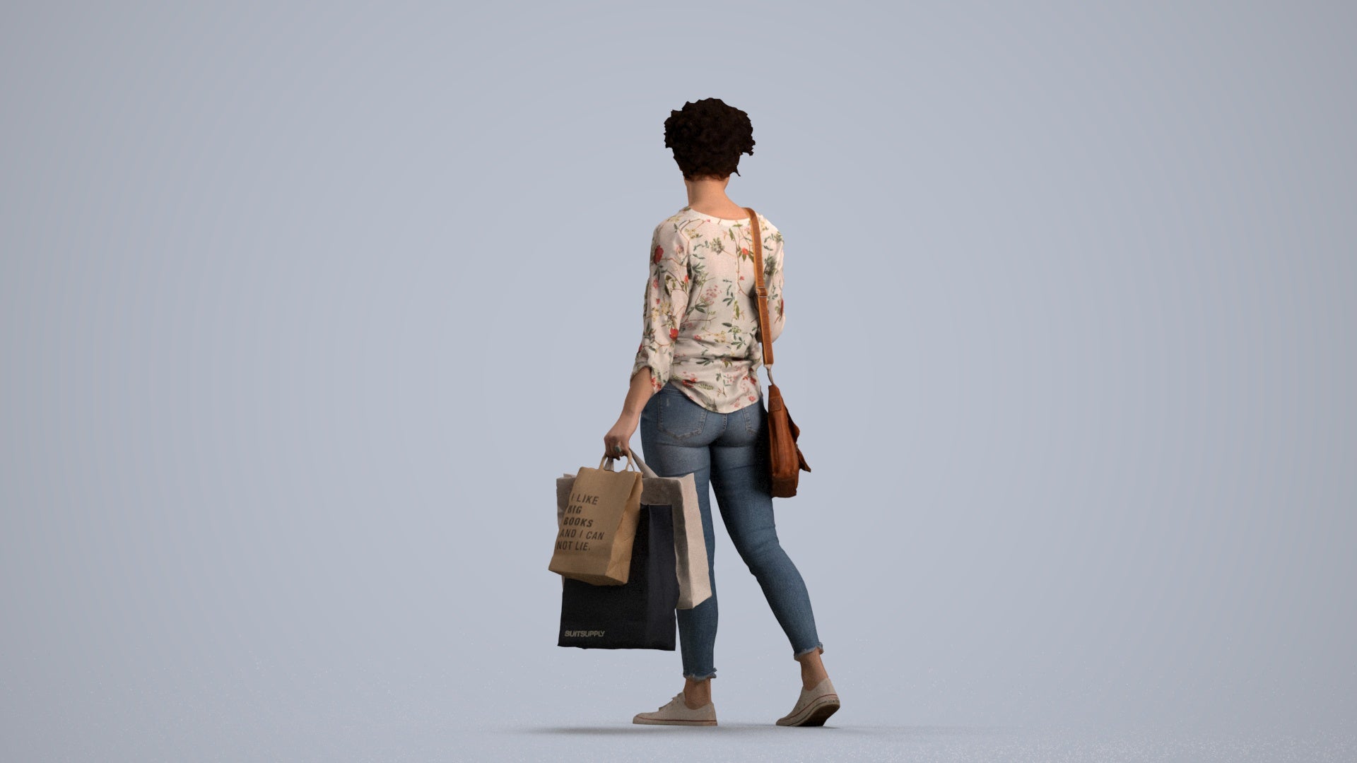 3D human model woman casual standing, photogrammetry scanned person for archviz, front view render