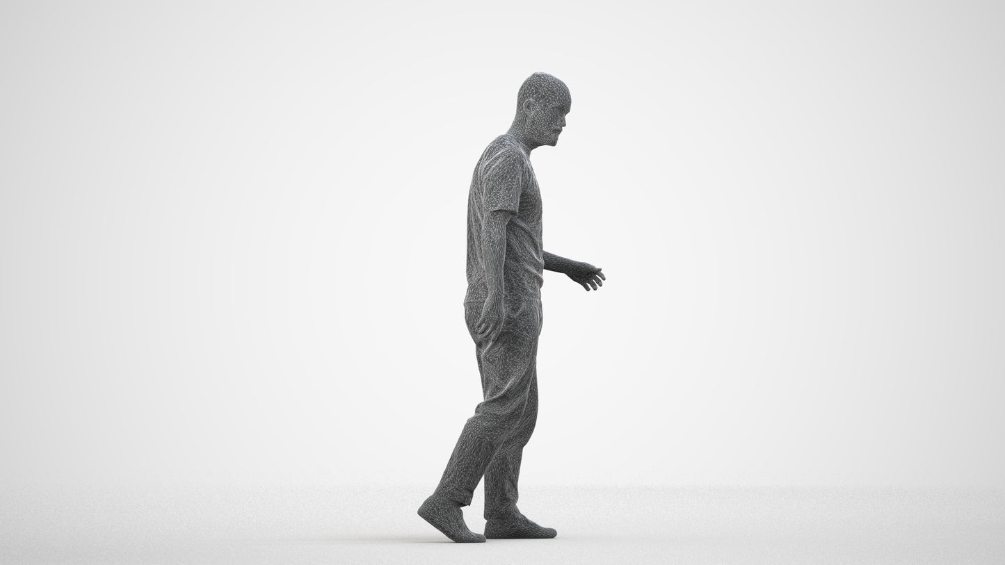 photogrammetry 3D man casual walking, realistic human model archviz FBX, wireframe side view