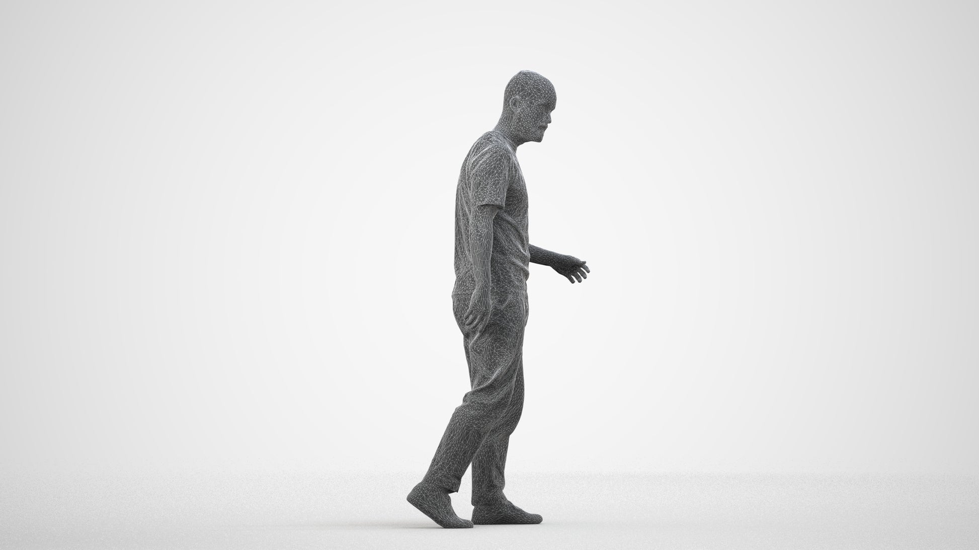 photogrammetry 3D man casual walking, realistic human model archviz FBX, wireframe side view