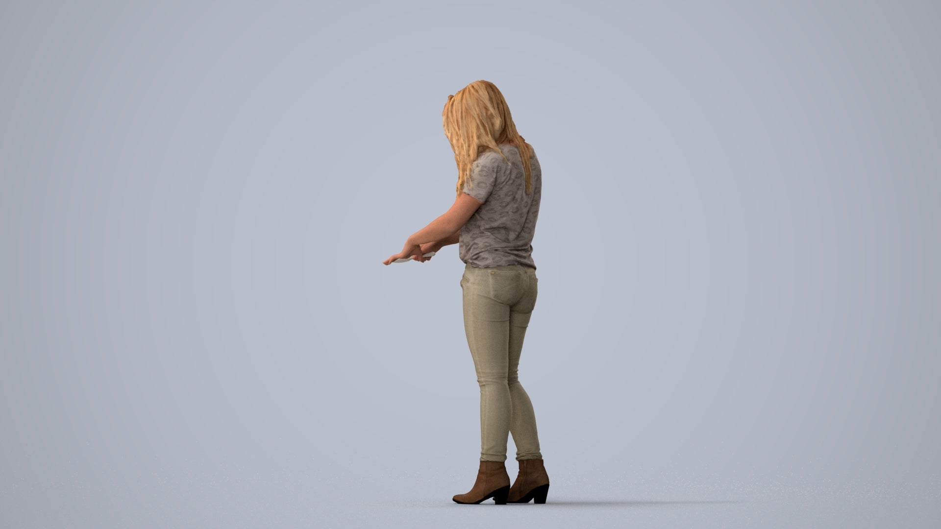 realistic 3D woman casual standing, scanned archviz people for Blender and 3ds Max, three-quarter view render