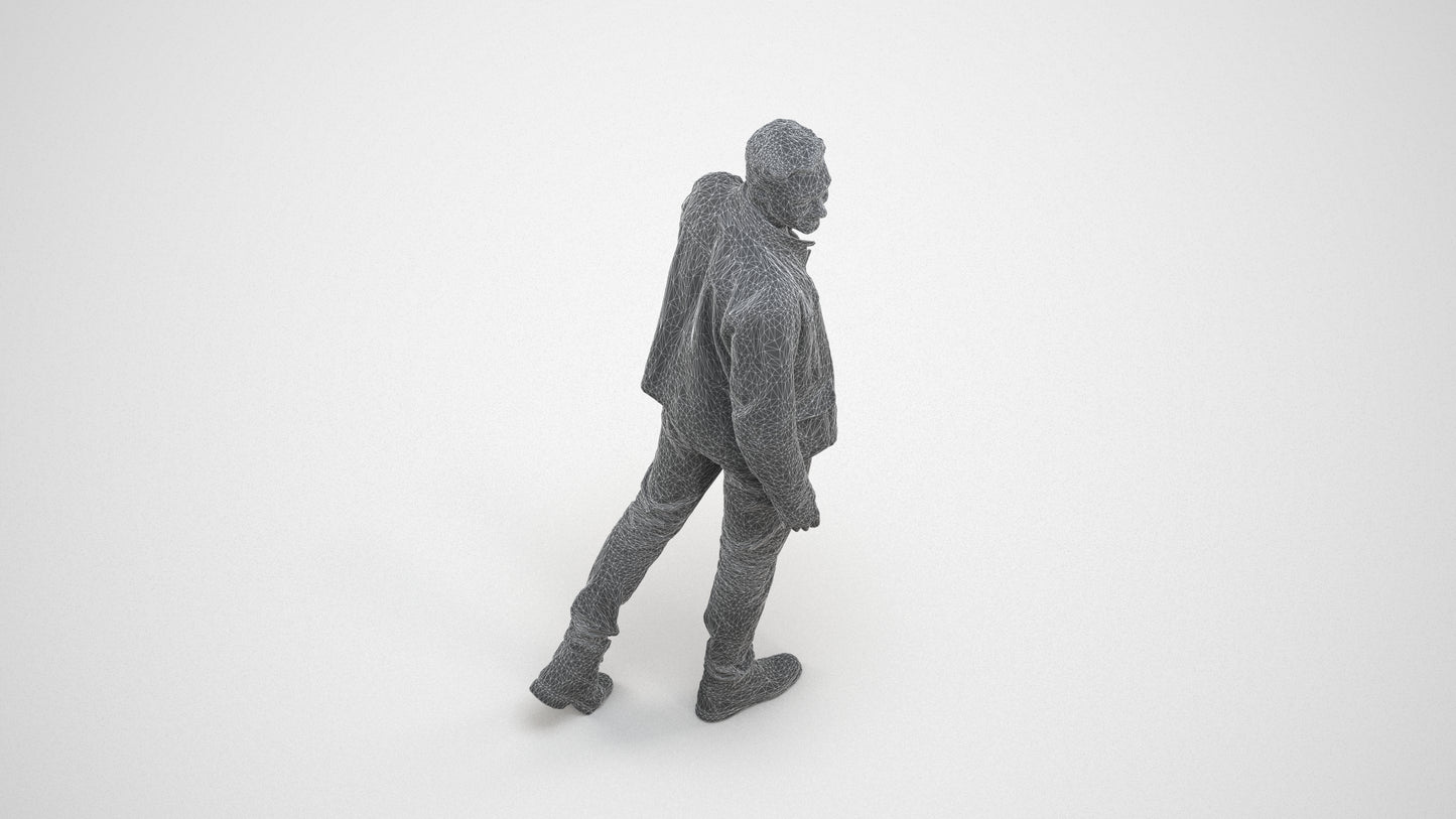 realistic 3D human man casual walking, archviz people FBX OBJ for Blender, wireframe three-quarter view