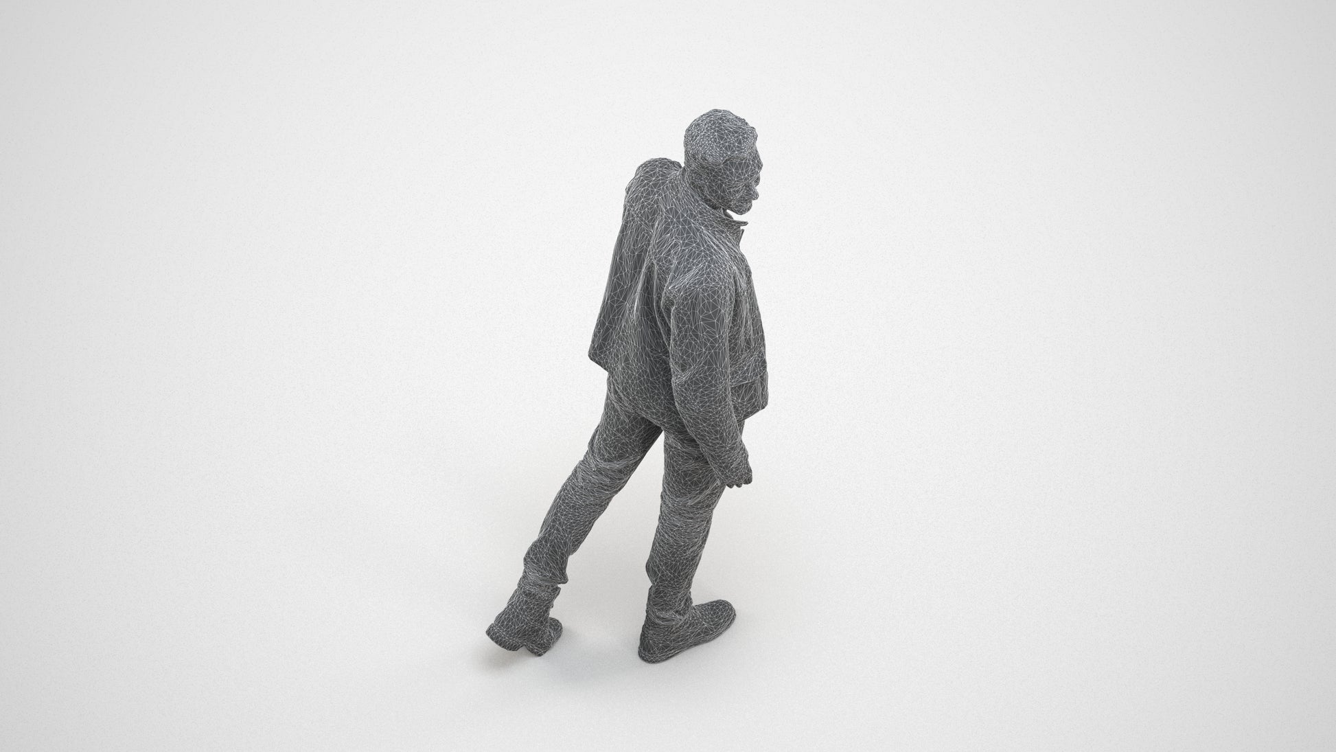 realistic 3D human man casual walking, archviz people FBX OBJ for Blender, wireframe three-quarter view