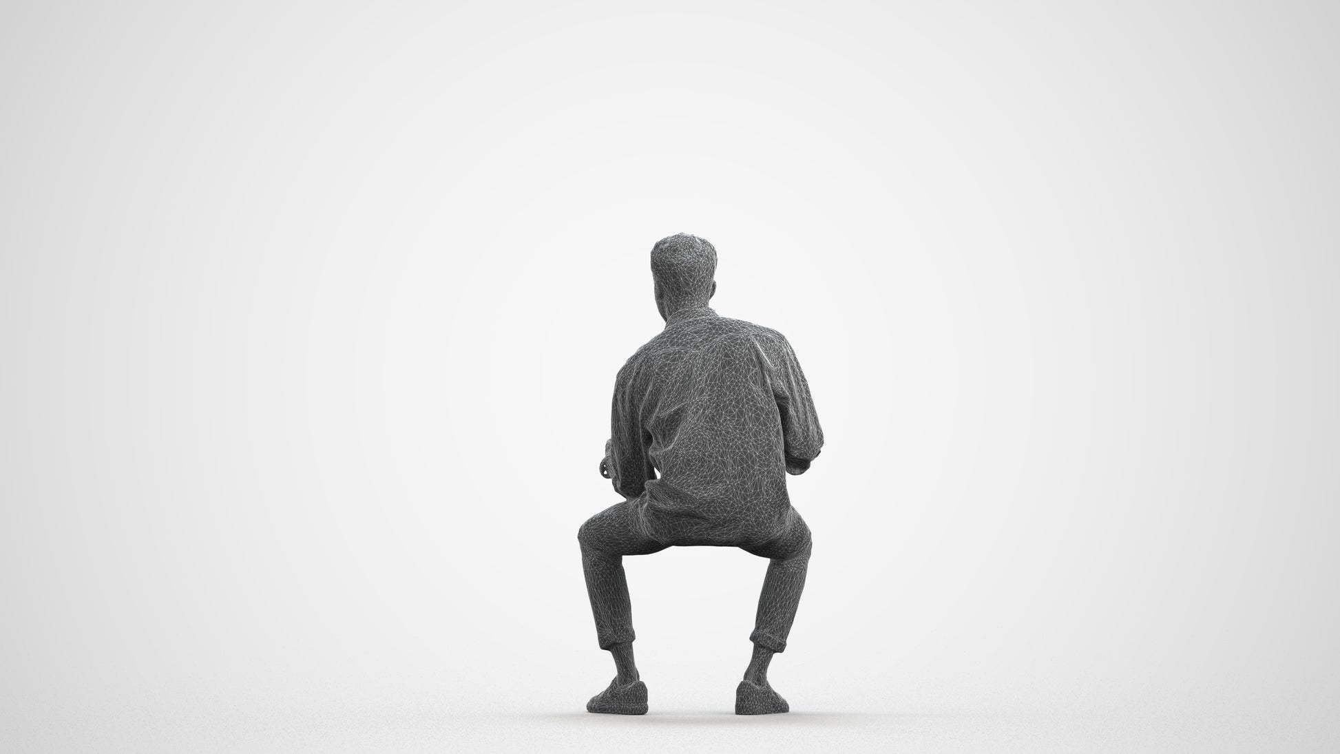 3D human model man casual sitting, photogrammetry scanned person for archviz, wireframe front view