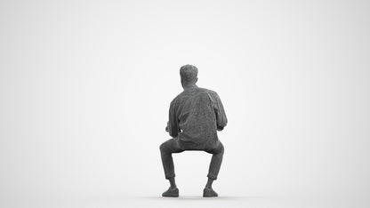 3D human model man casual sitting, photogrammetry scanned person for archviz, wireframe front view