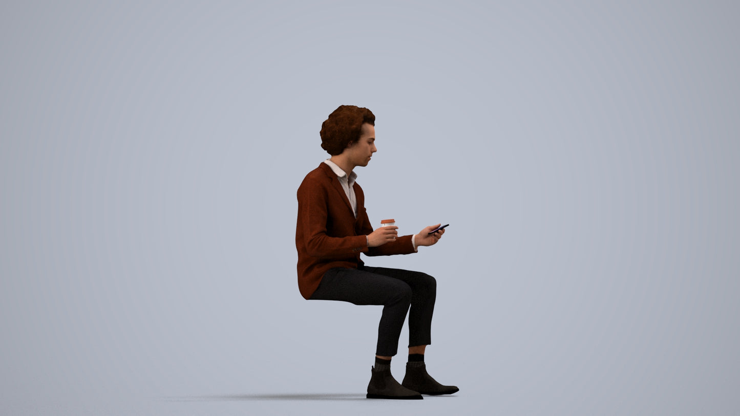 realistic 3D people man business sitting, render-ready for V-Ray and Corona, FBX OBJ, side view render