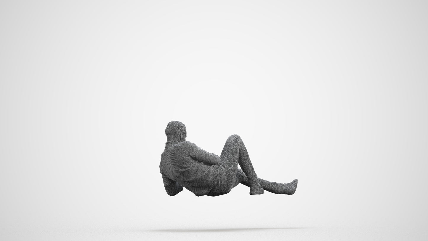 3D scanned man sitting casual, photorealistic archviz people for Enscape and SketchUp, wireframe front view