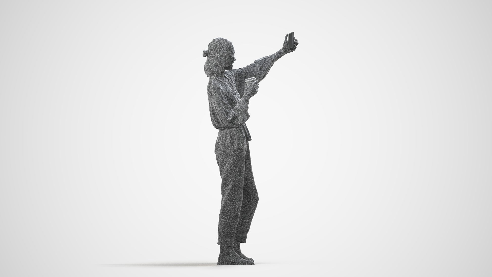 scanned 3D woman casual standing, photogrammetry people for Enscape and V-Ray, wireframe side view