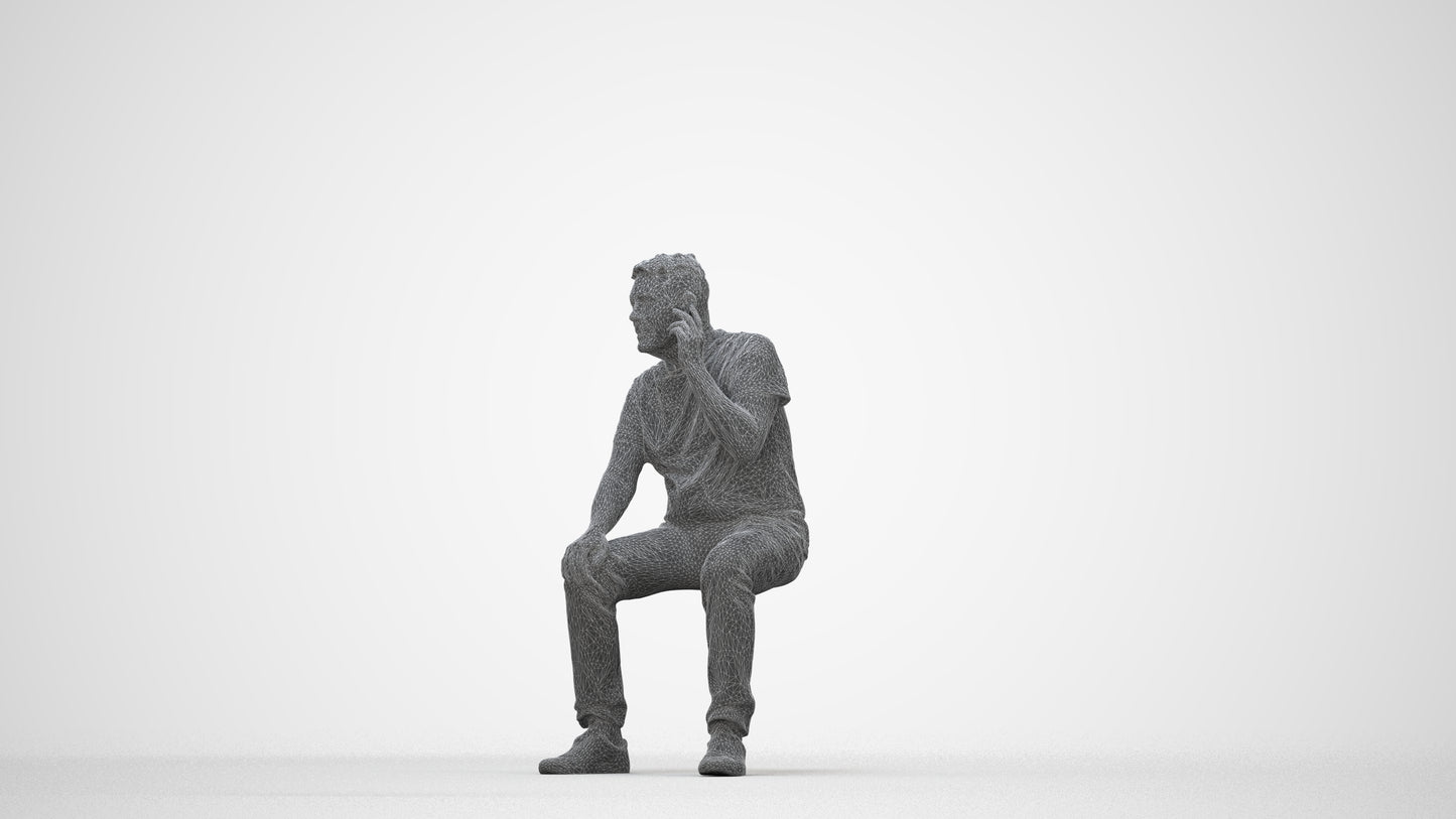realistic 3D human senior man casual sitting, archviz people FBX OBJ for Blender, wireframe back view