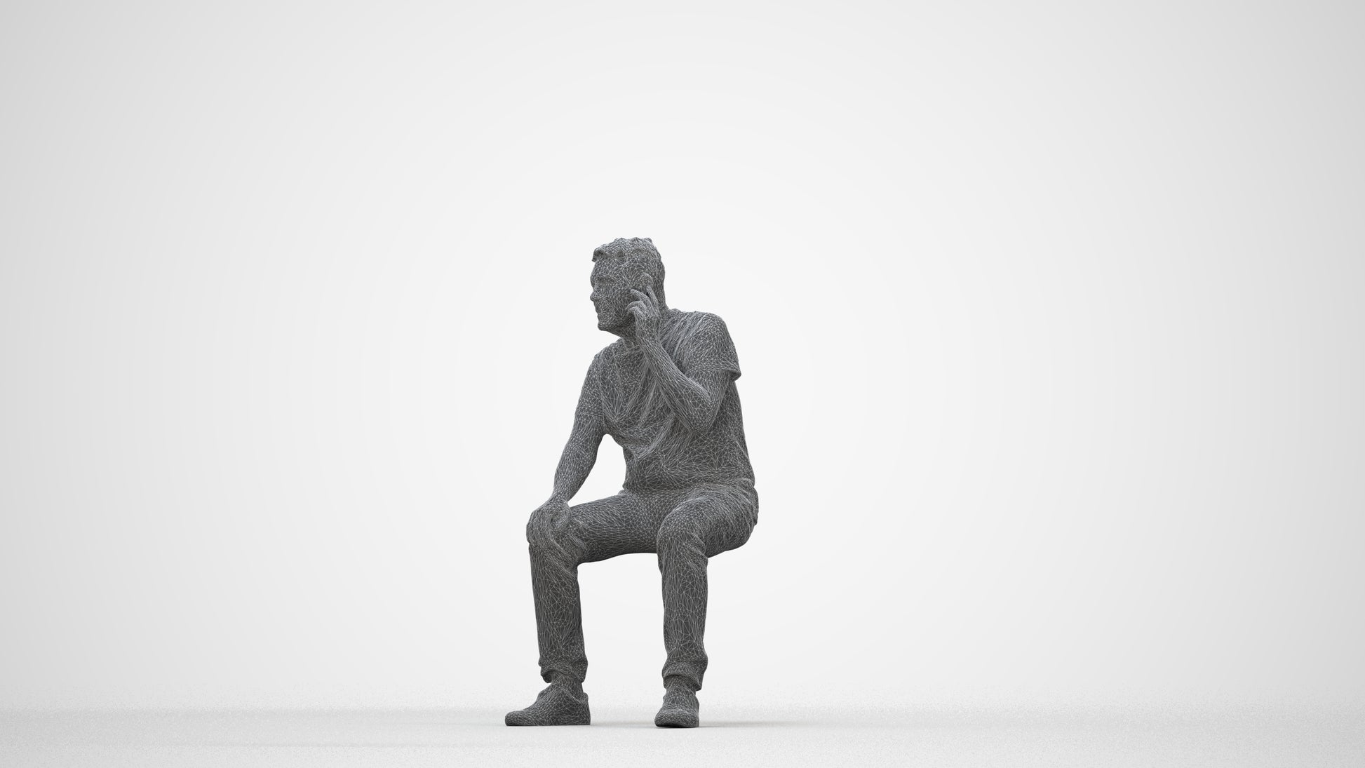 realistic 3D human senior man casual sitting, archviz people FBX OBJ for Blender, wireframe back view