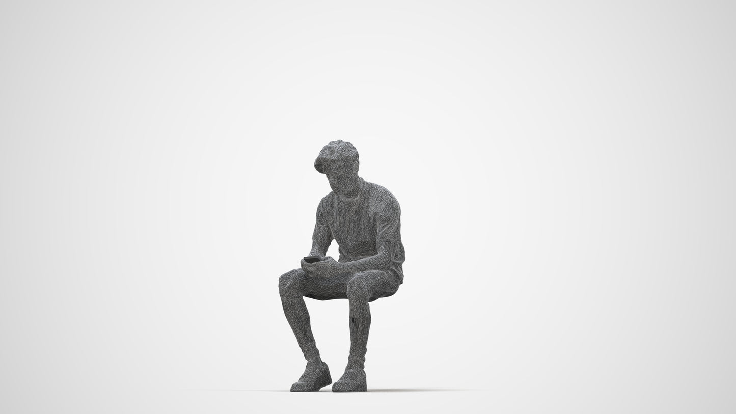 realistic 3D human man casual sitting, archviz people FBX OBJ for Blender, wireframe back view
