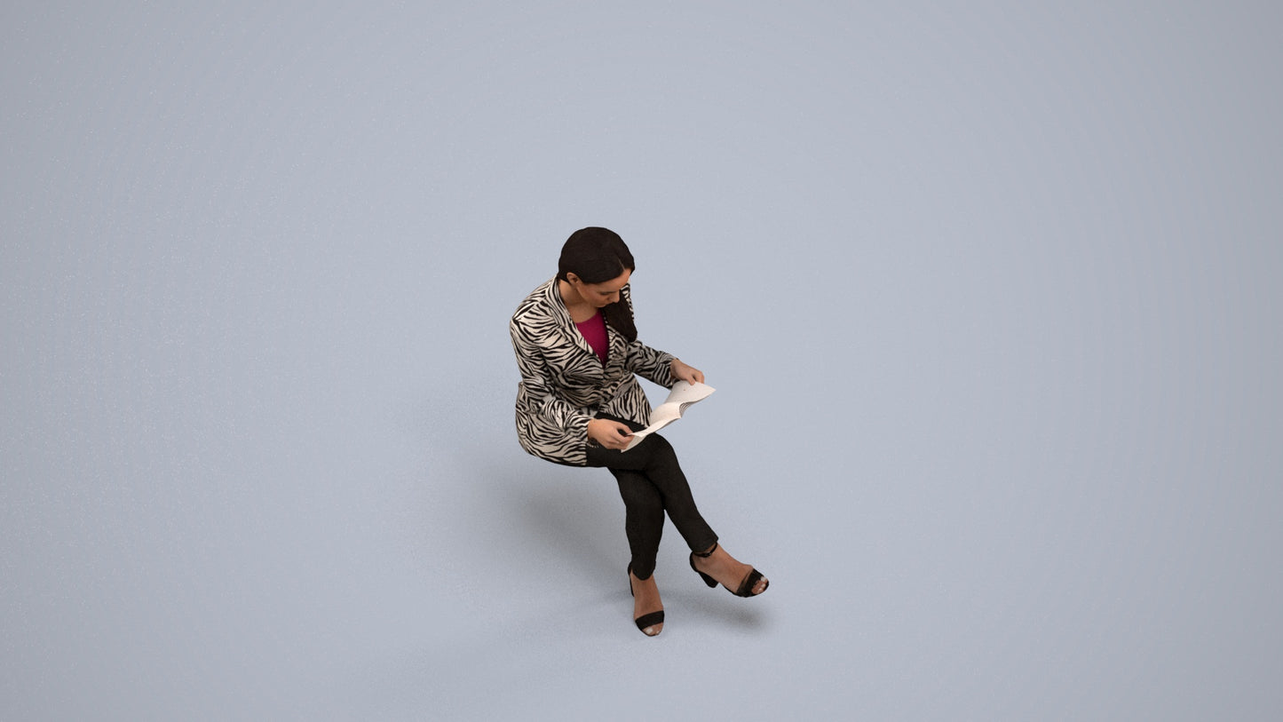 3D people model woman casual sitting, scanned human for 3ds Max rendering, back view render