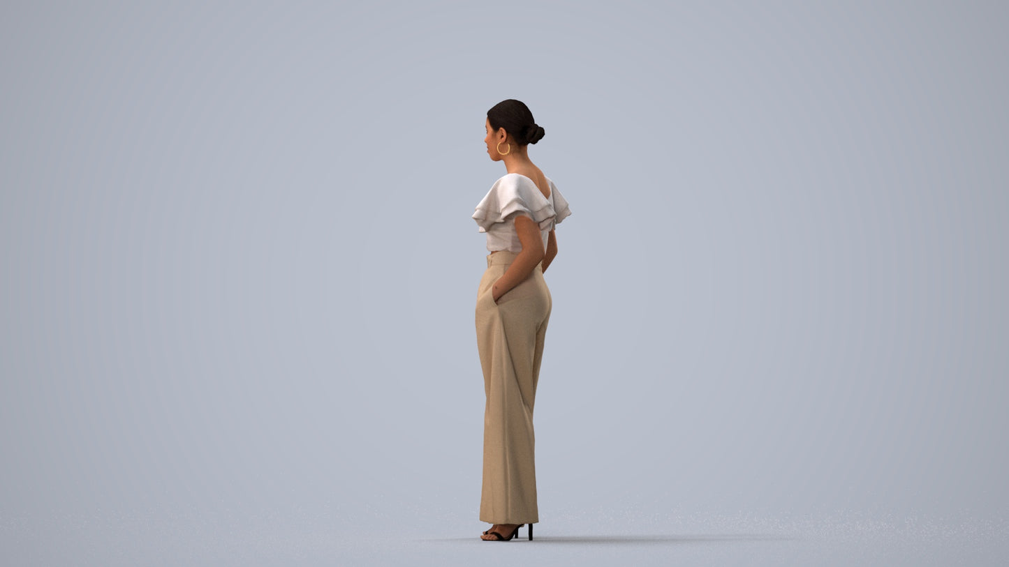 3D scanned woman standing business, photorealistic archviz people for Enscape and SketchUp, three-quarter view render