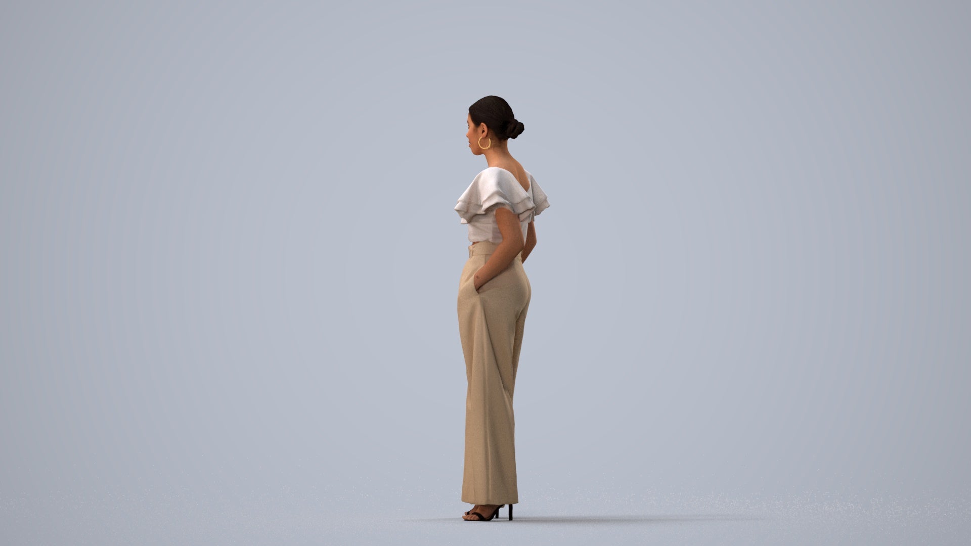 3D scanned woman standing business, photorealistic archviz people for Enscape and SketchUp, three-quarter view render