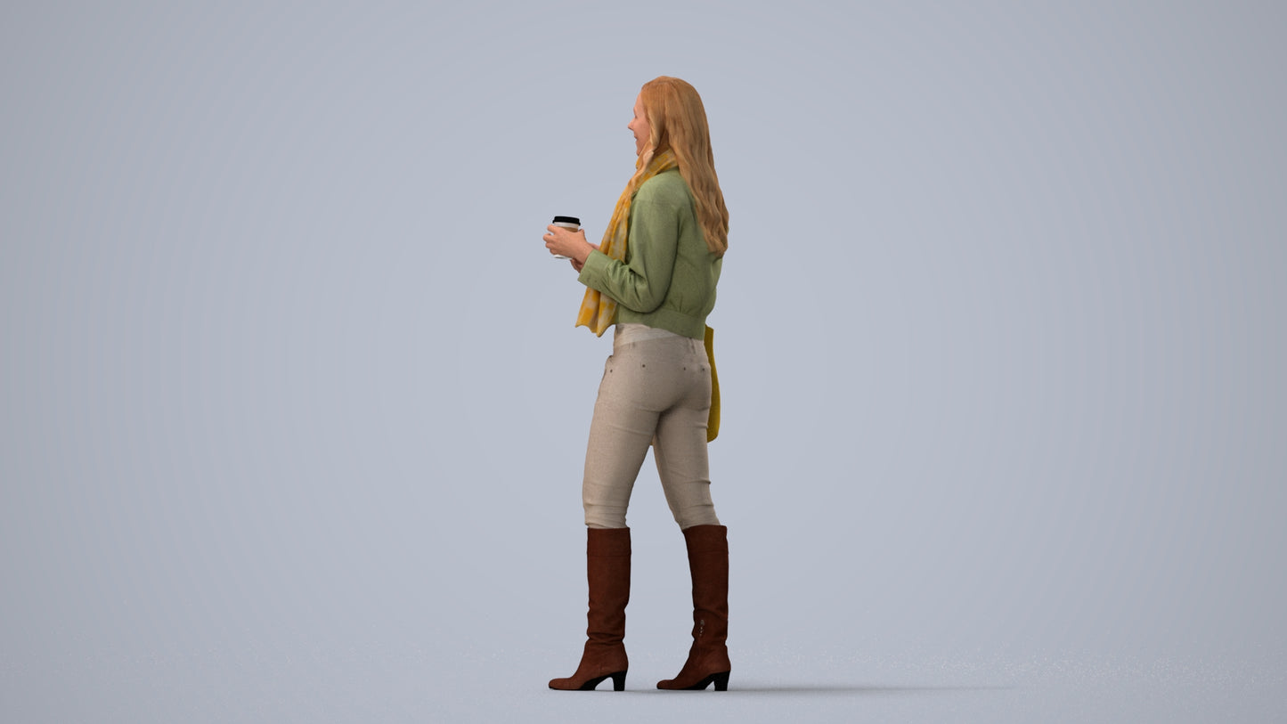 3D human model woman casual standing, photogrammetry scanned person for archviz, three-quarter view render