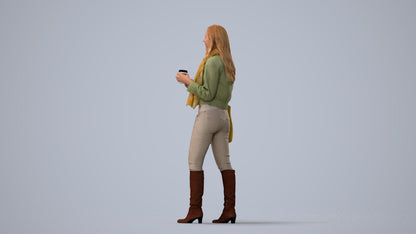 3D human model woman casual standing, photogrammetry scanned person for archviz, three-quarter view render