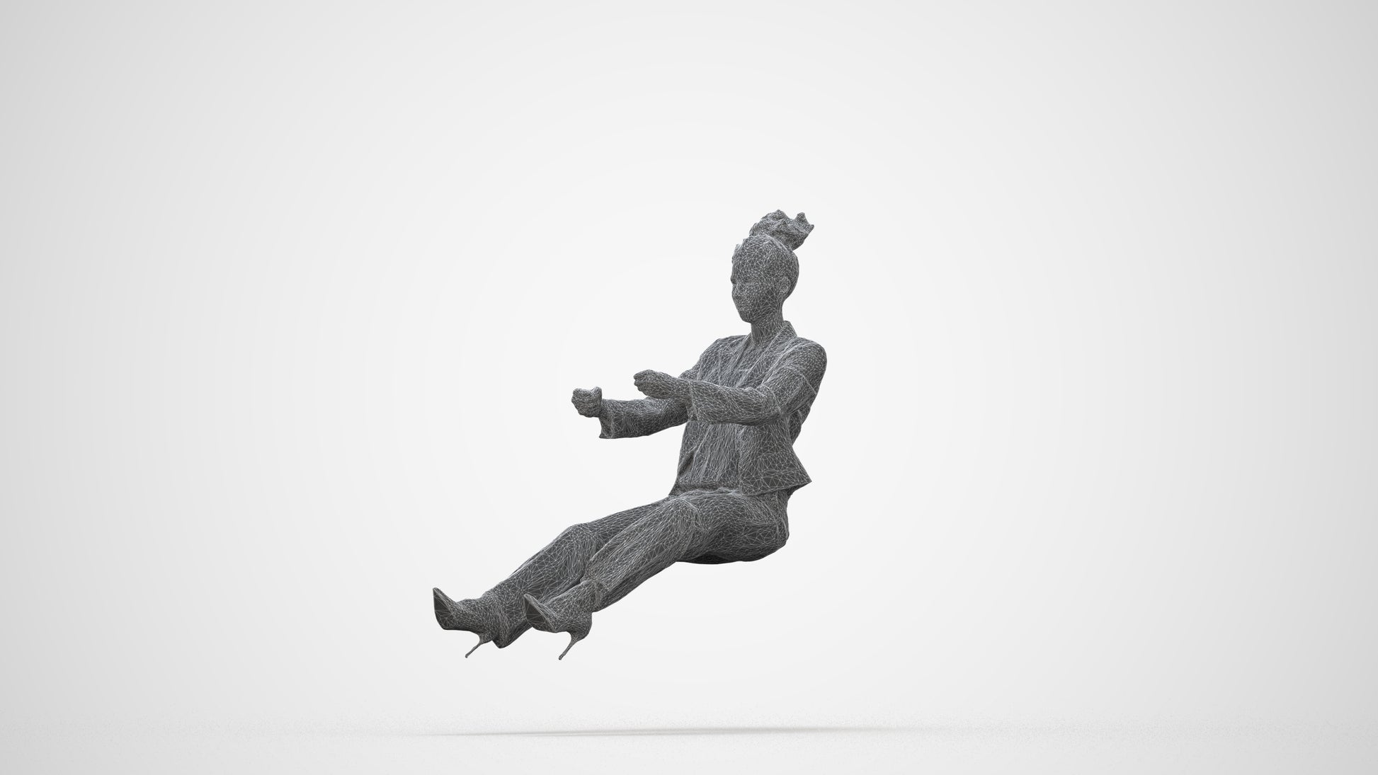 3D human model woman business driving, photogrammetry scanned person for archviz, wireframe back view
