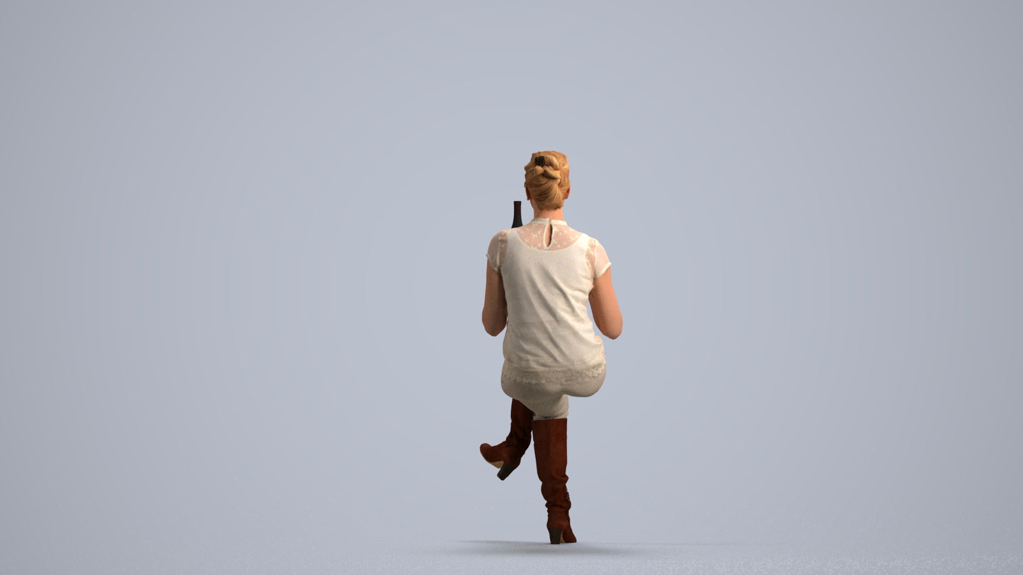 3D human model woman casual sitting, photogrammetry scanned person for archviz, front view render