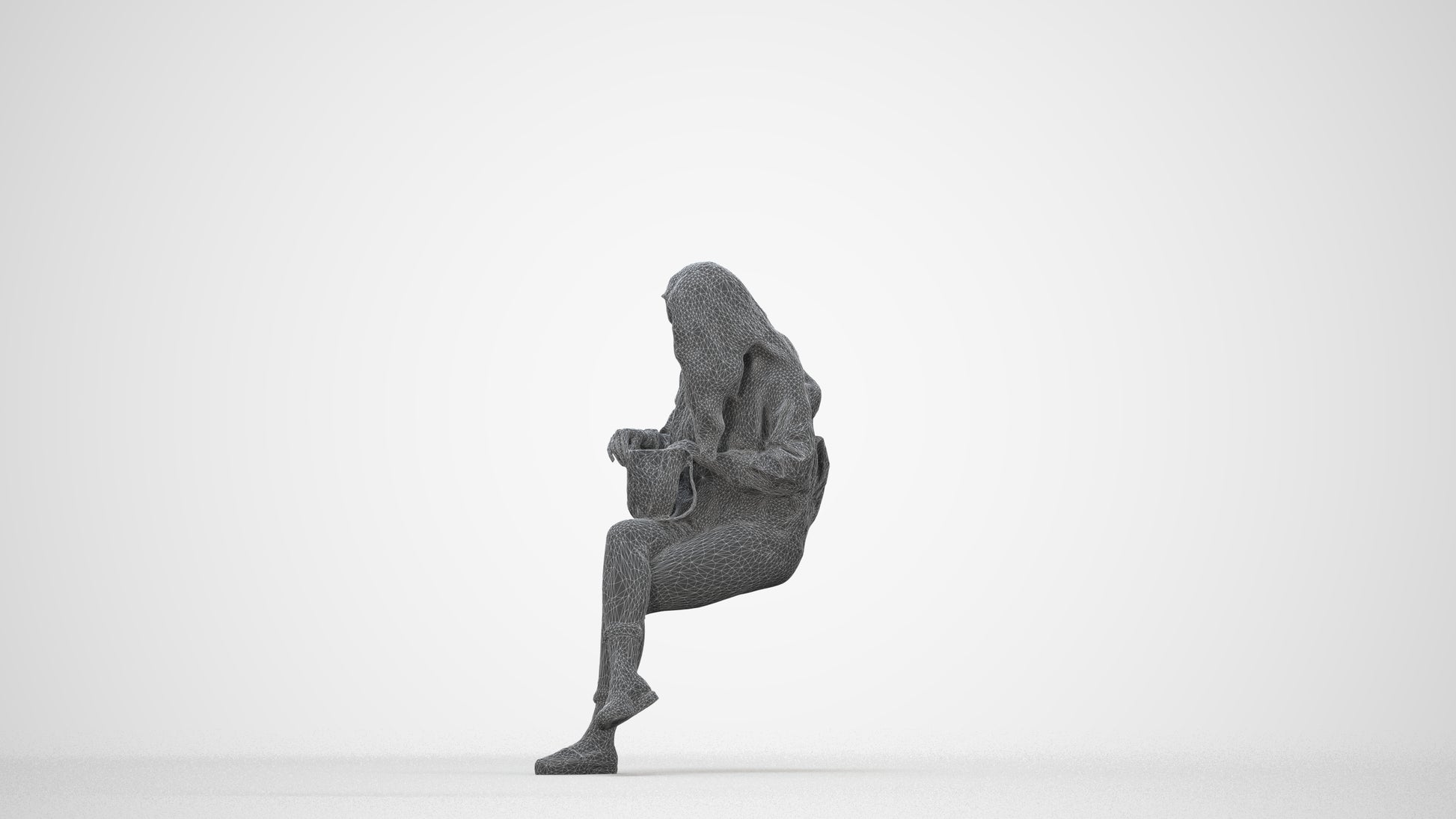 realistic 3D human woman sitting, archviz people FBX OBJ for Blender, wireframe back view