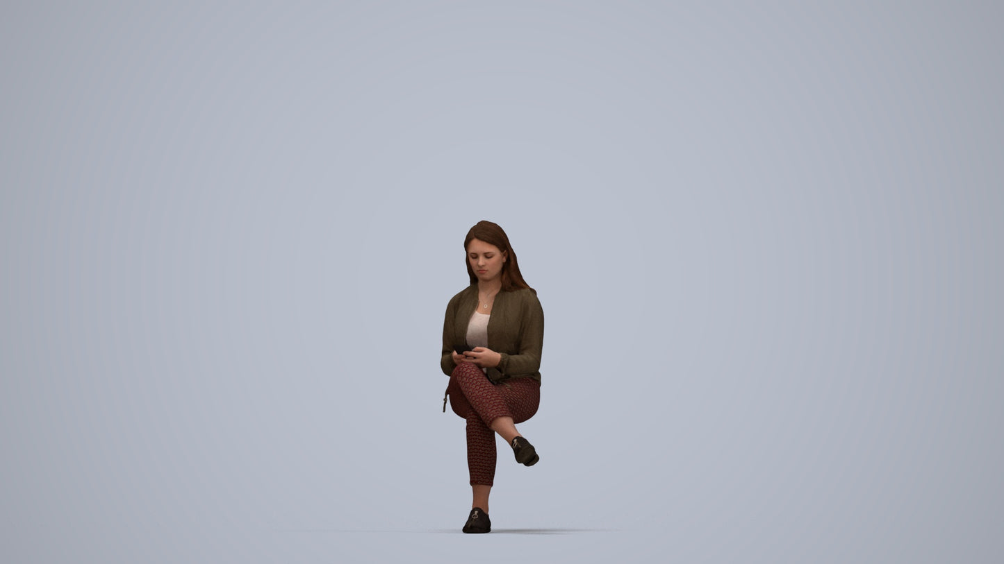 realistic 3D woman casual sitting, scanned archviz people for Blender and 3ds Max, top-down view render