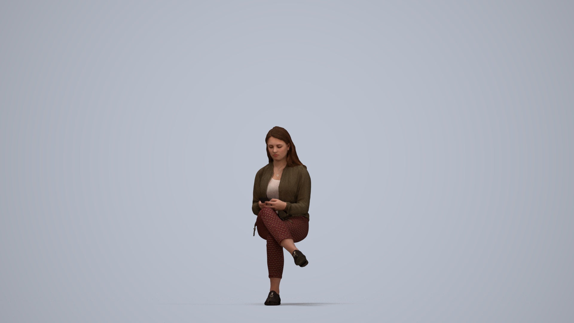 realistic 3D woman casual sitting, scanned archviz people for Blender and 3ds Max, top-down view render