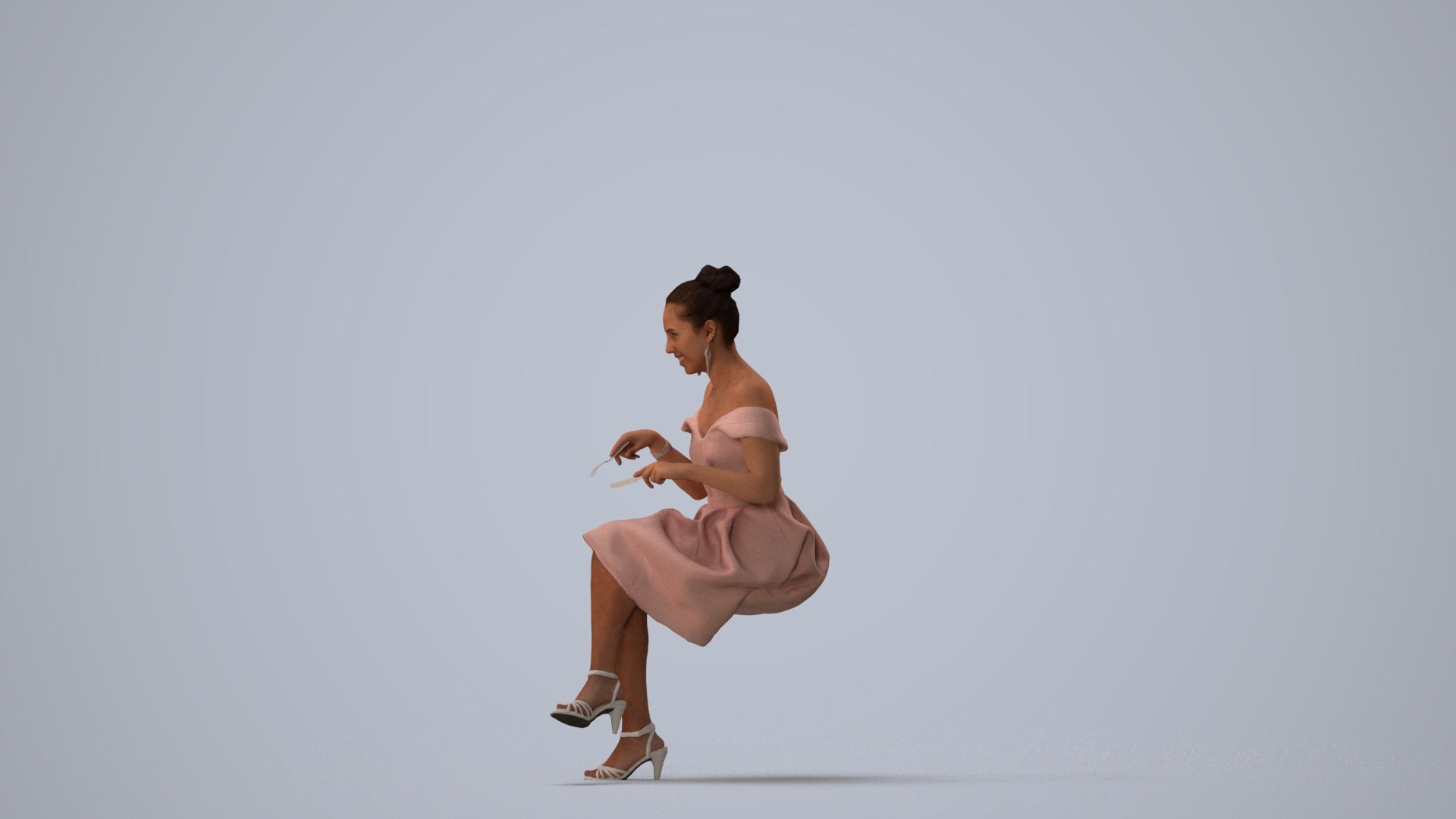 3D human model woman formal sitting, photogrammetry scanned person for archviz, three-quarter view render