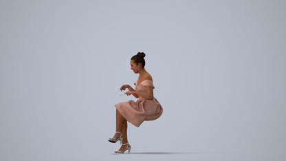 3D human model woman formal sitting, photogrammetry scanned person for archviz, three-quarter view render