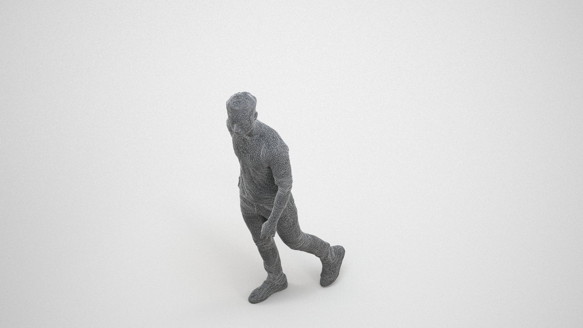 3D human model man casual walking, photogrammetry scanned person for archviz, wireframe three-quarter view