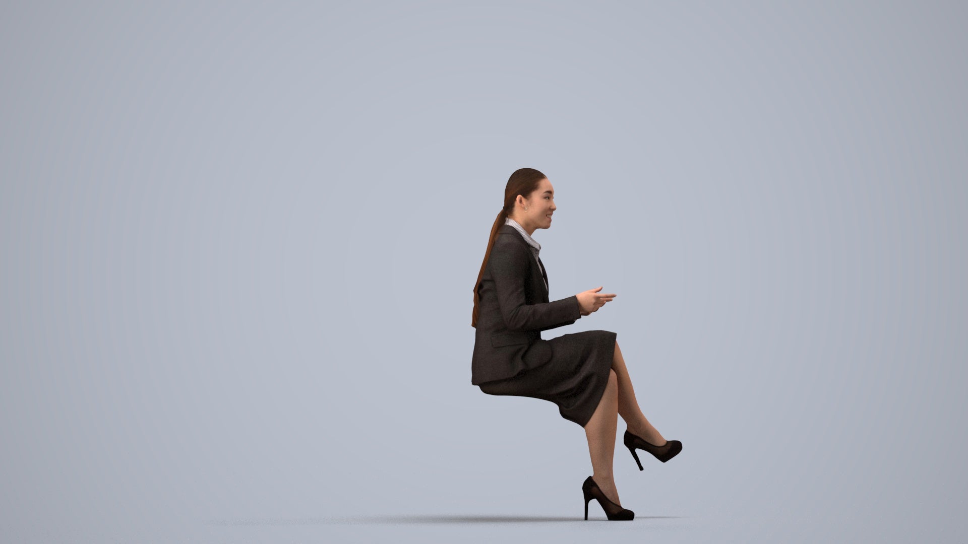 realistic 3D woman business sitting, scanned archviz people for Blender and 3ds Max, side view render