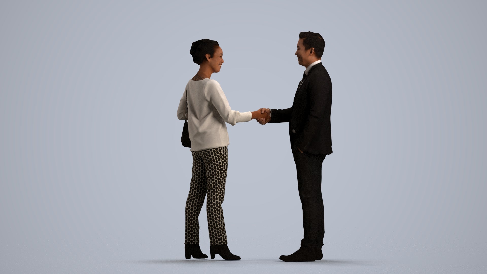 3D human model woman casual business, photogrammetry scanned person for archviz, front view render