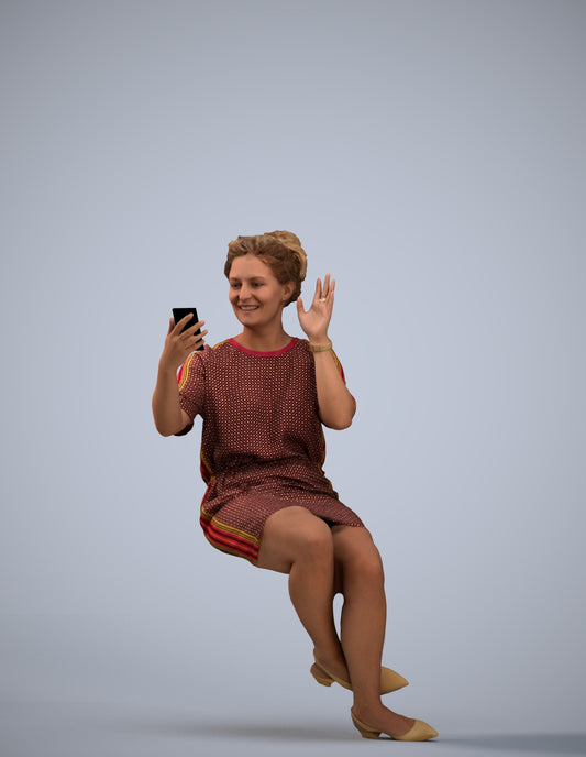 3D scanned woman sitting casual, photorealistic archviz people for Enscape and SketchUp