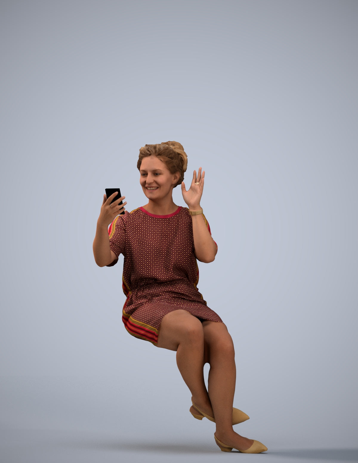 3D scanned woman sitting casual, photorealistic archviz people for Enscape and SketchUp