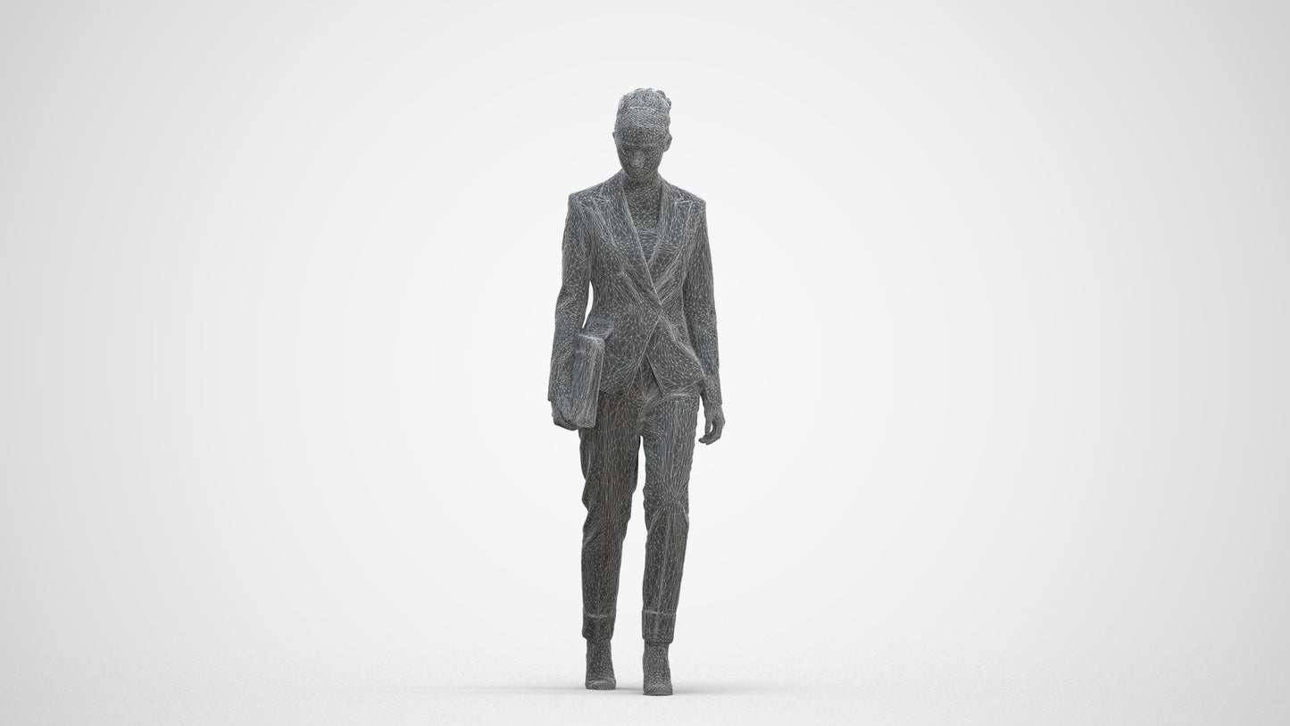 realistic 3D woman business walking, scanned archviz people for Blender and 3ds Max, three-quarter front view render