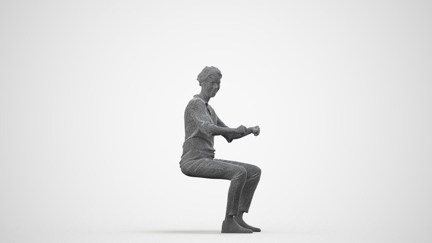 realistic 3D human woman casual sitting, archviz people FBX OBJ for Blender, wireframe side view