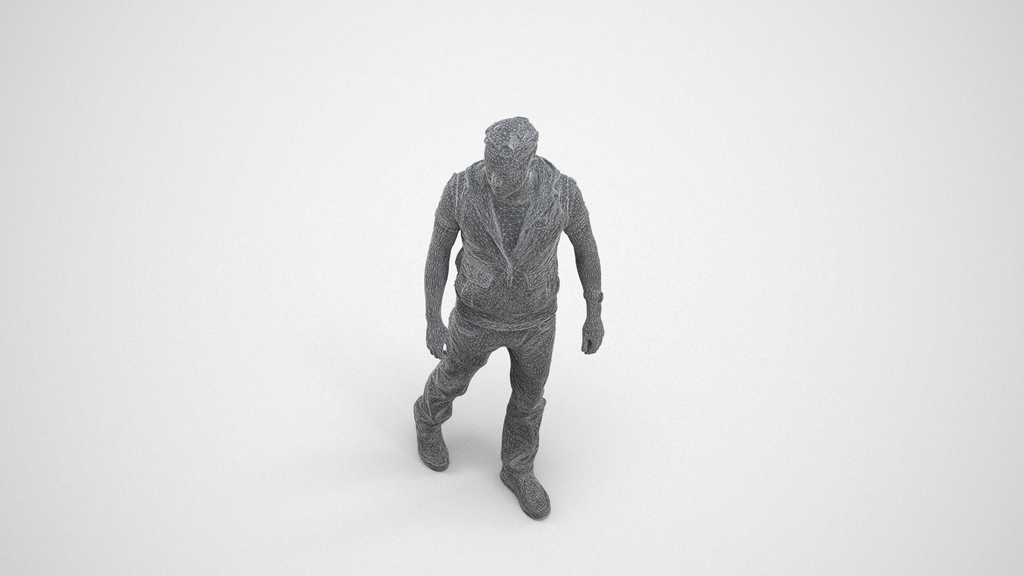 3D human model man casual walking, photogrammetry scanned person for archviz, wireframe three-quarter view