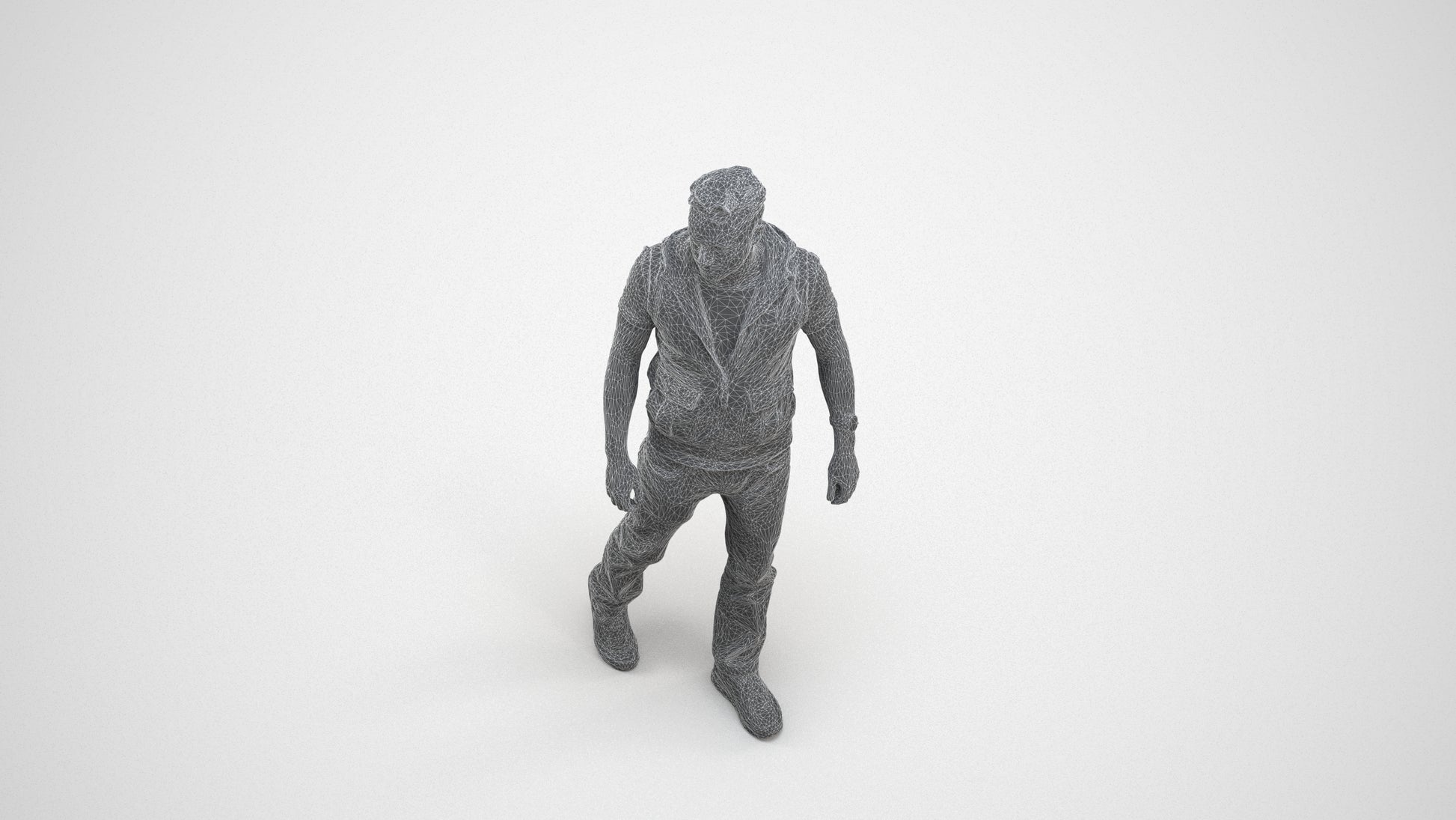 3D human model man casual walking, photogrammetry scanned person for archviz, wireframe three-quarter view
