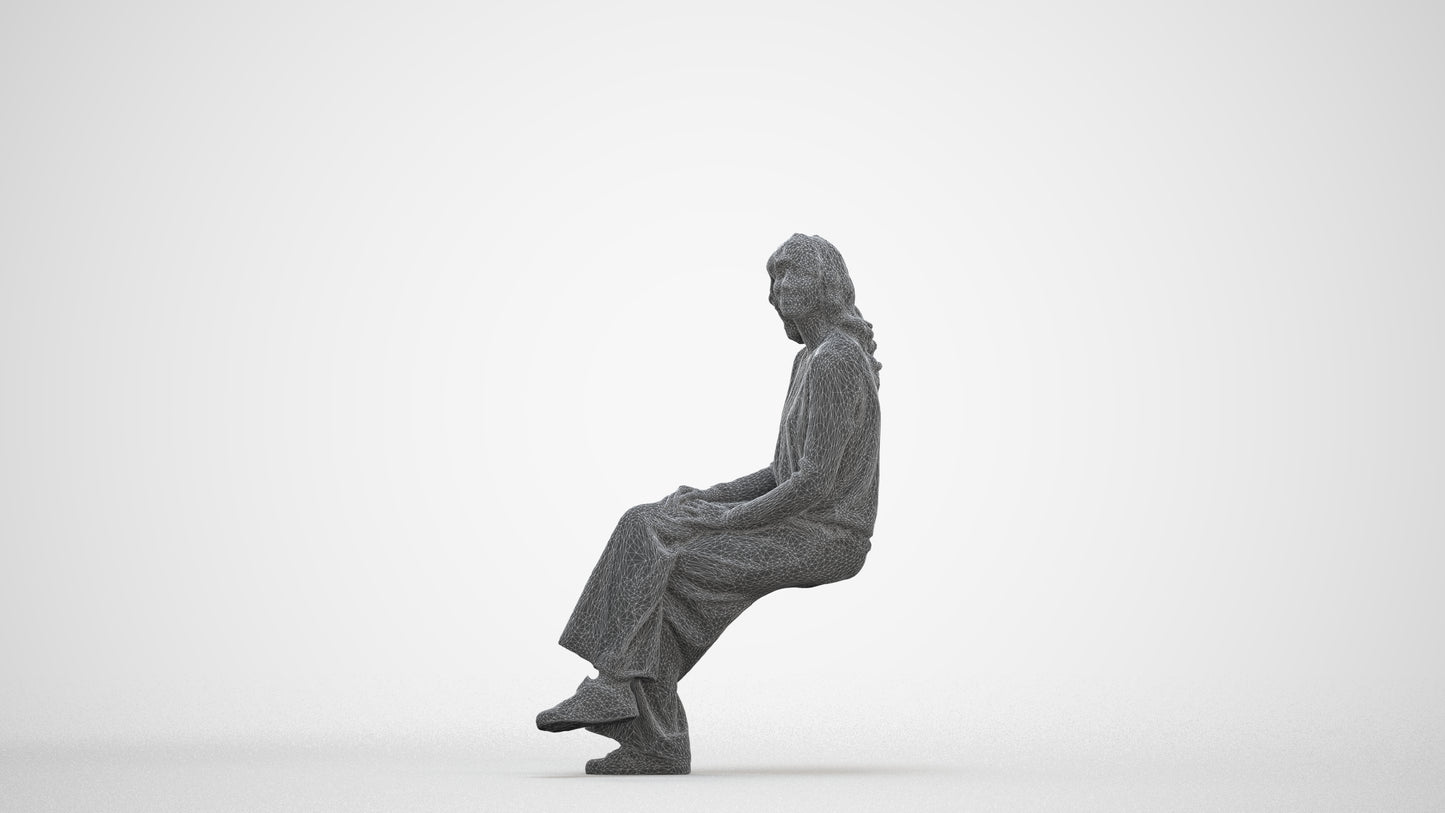 3D human model woman casual sitting, photogrammetry scanned person for archviz, three-quarter front view render