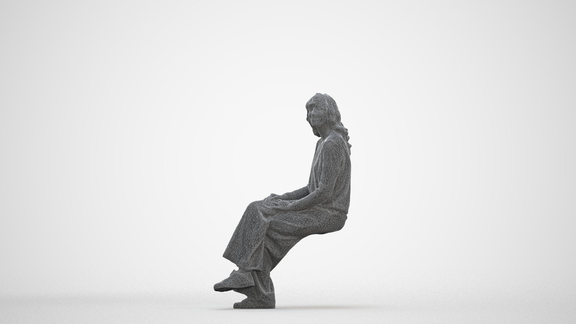 3D human model woman casual sitting, photogrammetry scanned person for archviz, three-quarter front view render