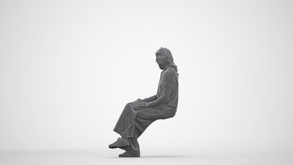 3D human model woman casual sitting, photogrammetry scanned person for archviz, three-quarter front view render