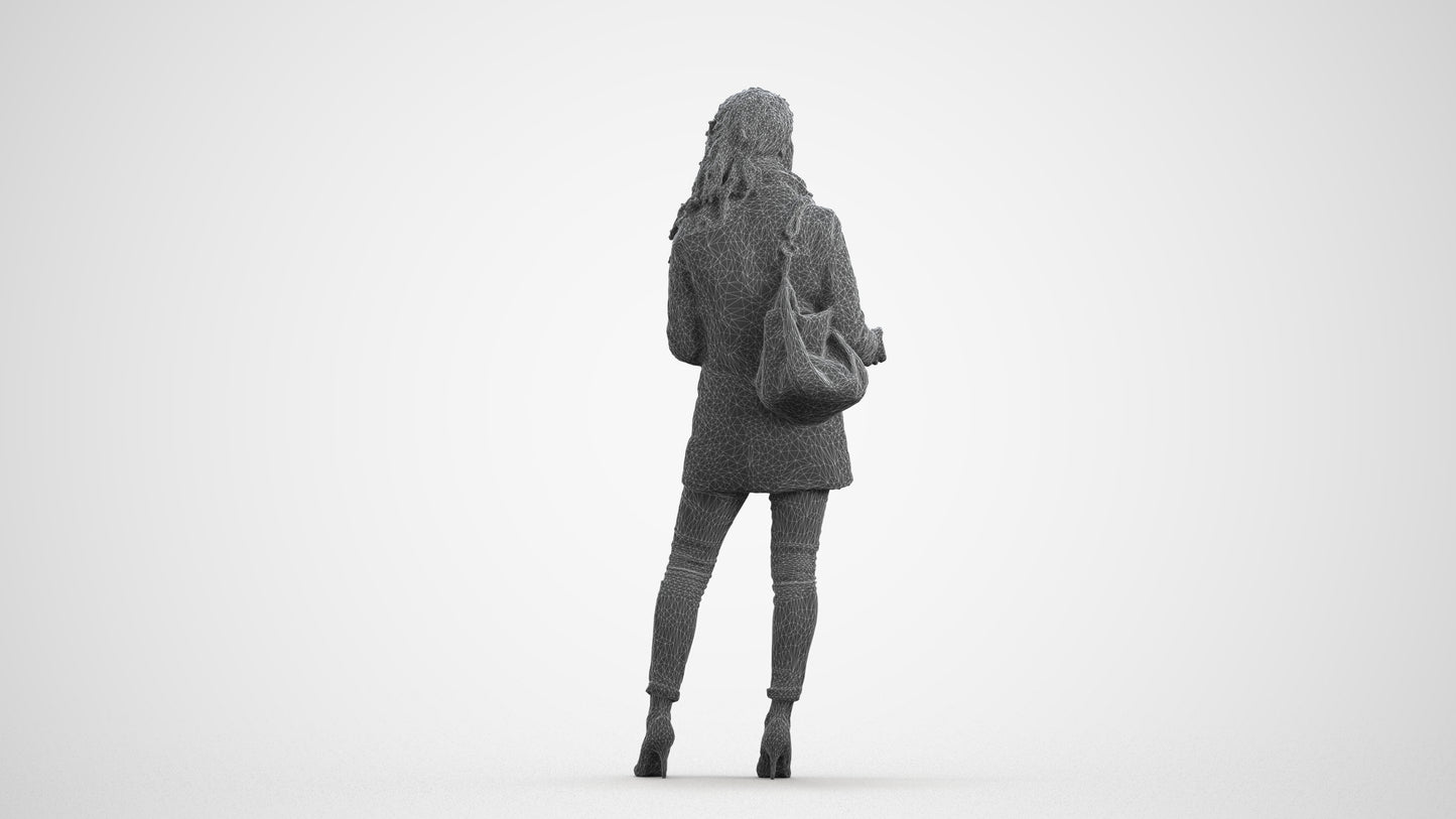 3D scanned woman standing casual, photorealistic archviz people for Enscape and SketchUp, wireframe front view