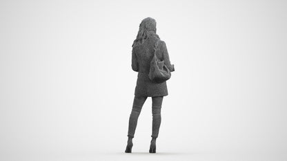 3D scanned woman standing casual, photorealistic archviz people for Enscape and SketchUp, wireframe front view