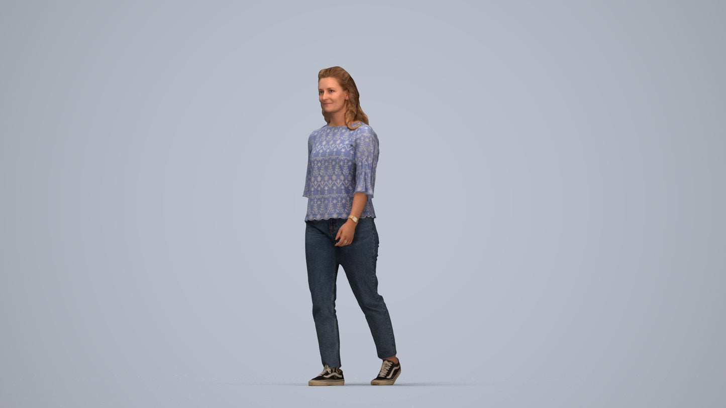 3D scanned woman walking casual, photorealistic archviz people for Enscape and SketchUp, top-down view render